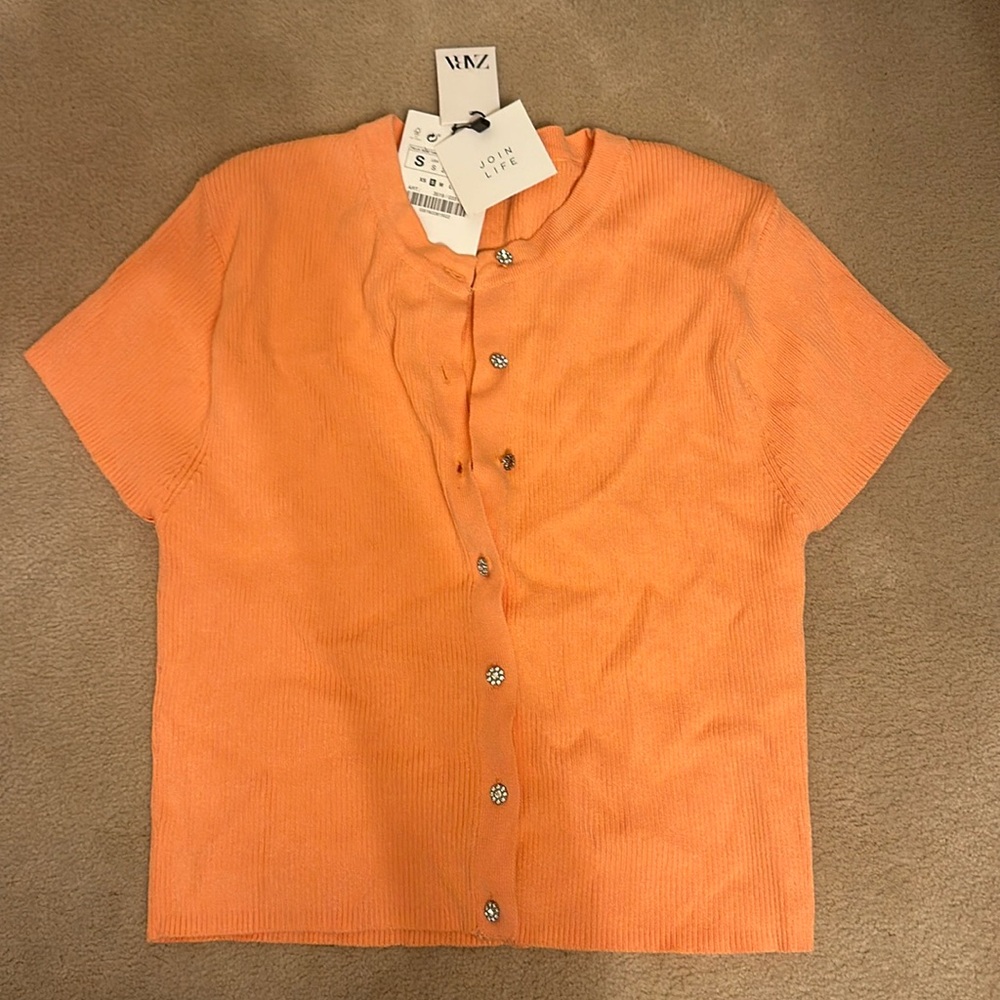 Zara Orange Short Sleeve Button Down Shirt